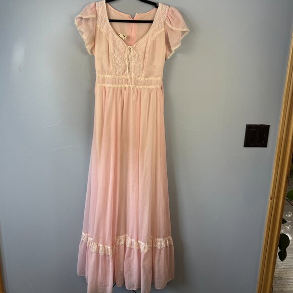 Gunne Sax Vintage Pink Lace Up Prairie Maxi Dress Romantic Milkmaid 70s 80s - Picture 2 of 12